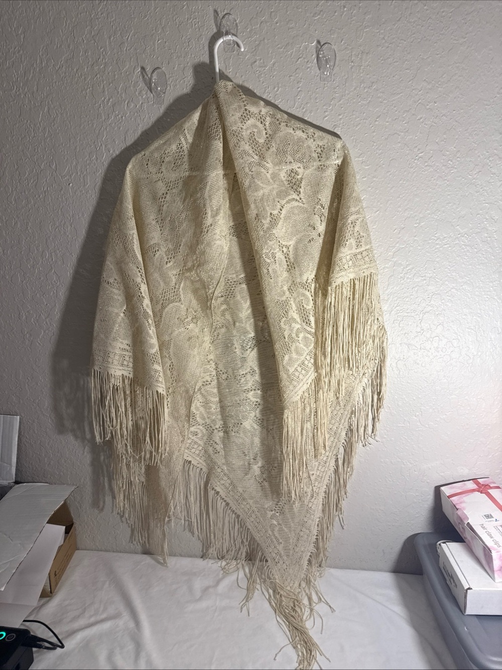 Vintage Lace Floral Fringe Gold Piano Shawl Boho Granny Cottage